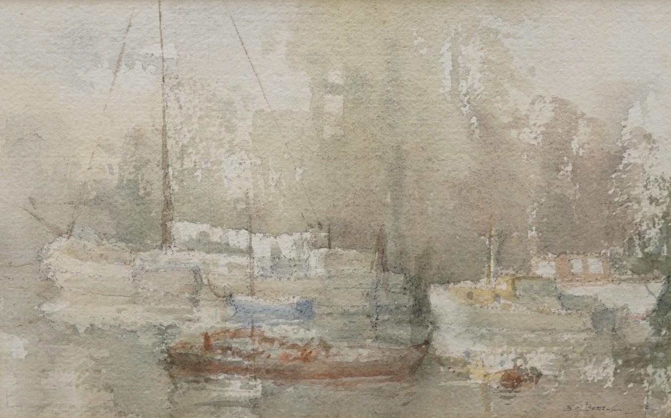 Bernard Philip Batchelor (1924-), watercolour, 'Misty morning on the Thames', signed and dated '72, 14 x 22cm